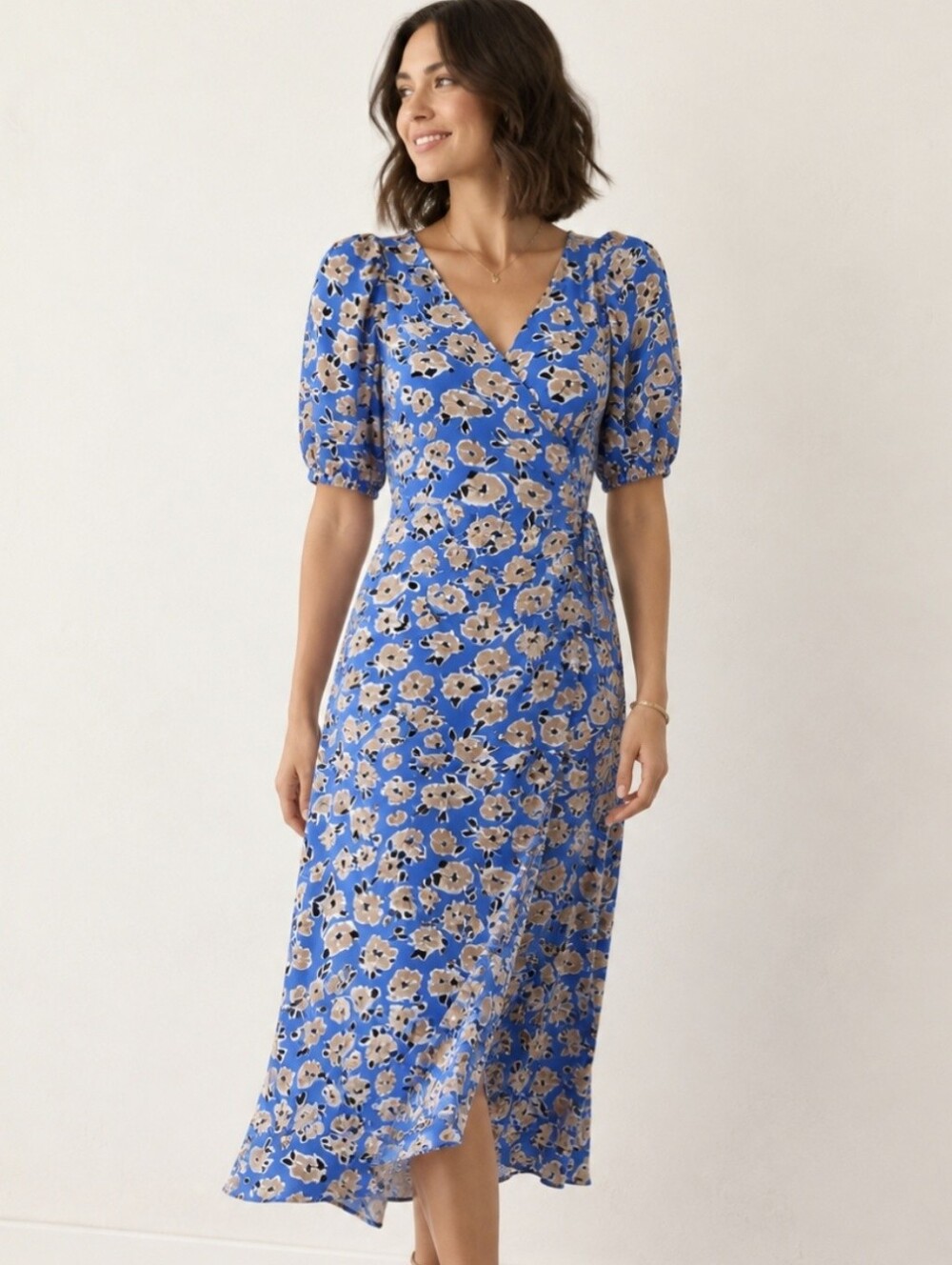 Ann Taylor Blue Floral Wrap Dress Puff Sleeve V-Neck Midi 8